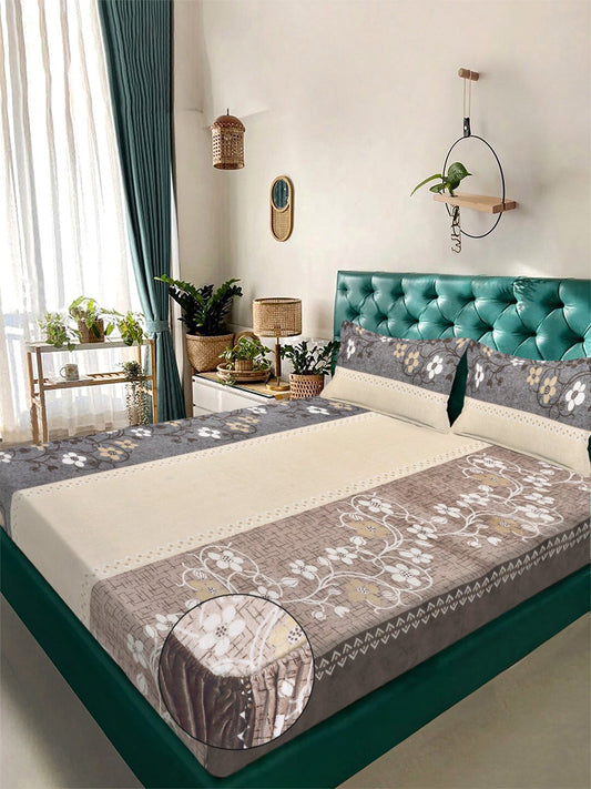 Brown Floral Fitted Woolen Fitted Double Bedsheet with 2 Pillow Covers