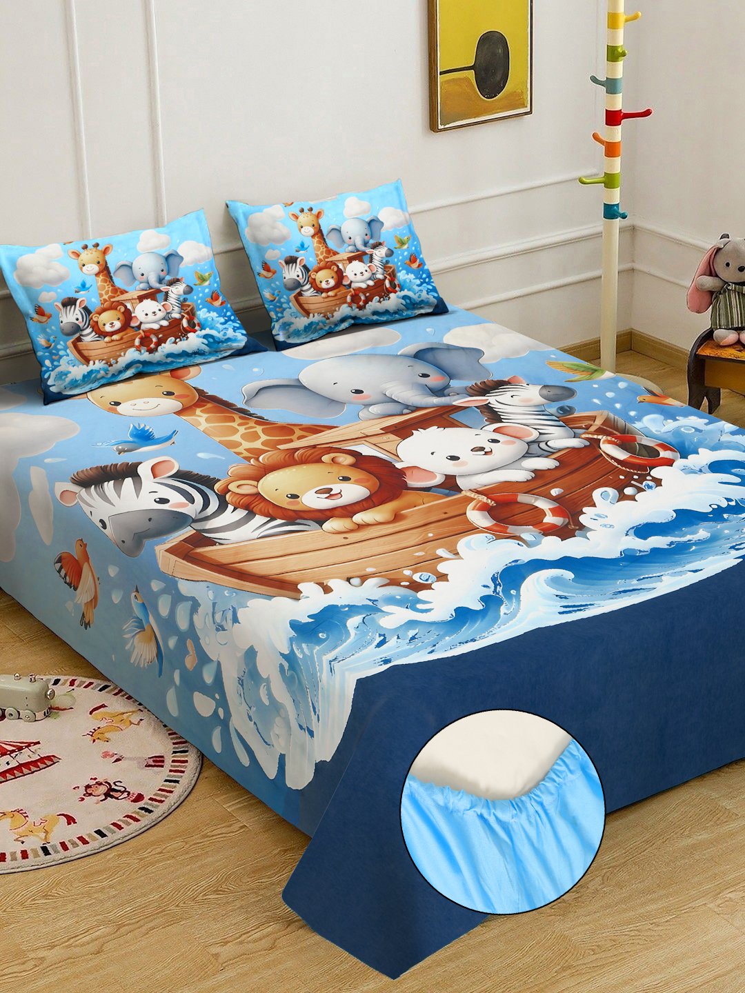 Multi Digital Animal Printed Cotton Blend Fitted Double Bedsheet with 2 Pillow Covers