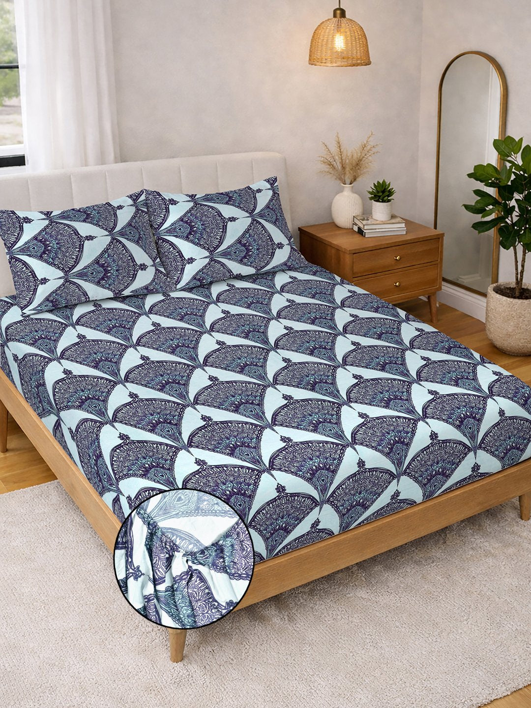 Blue Geometric Fitted Fitted Cotton Blend Double Bedsheet with 2 Pillow Covers
