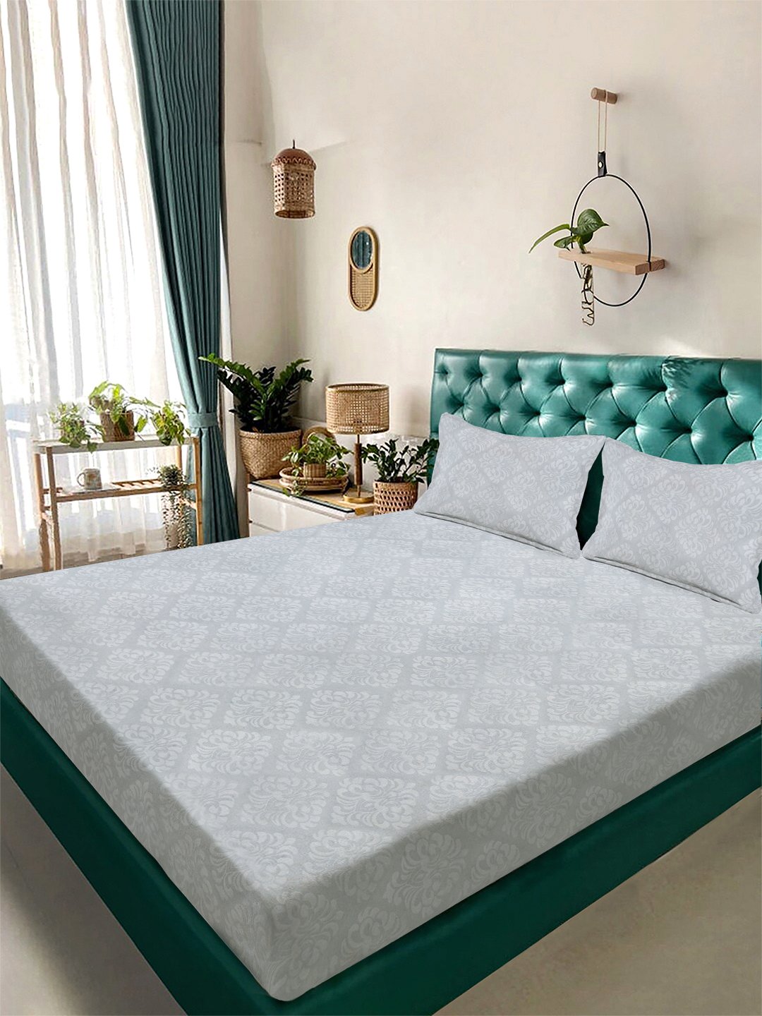 Grey Floral Embossed Cotton Blend Double Bedsheet with 2 Pillow Covers