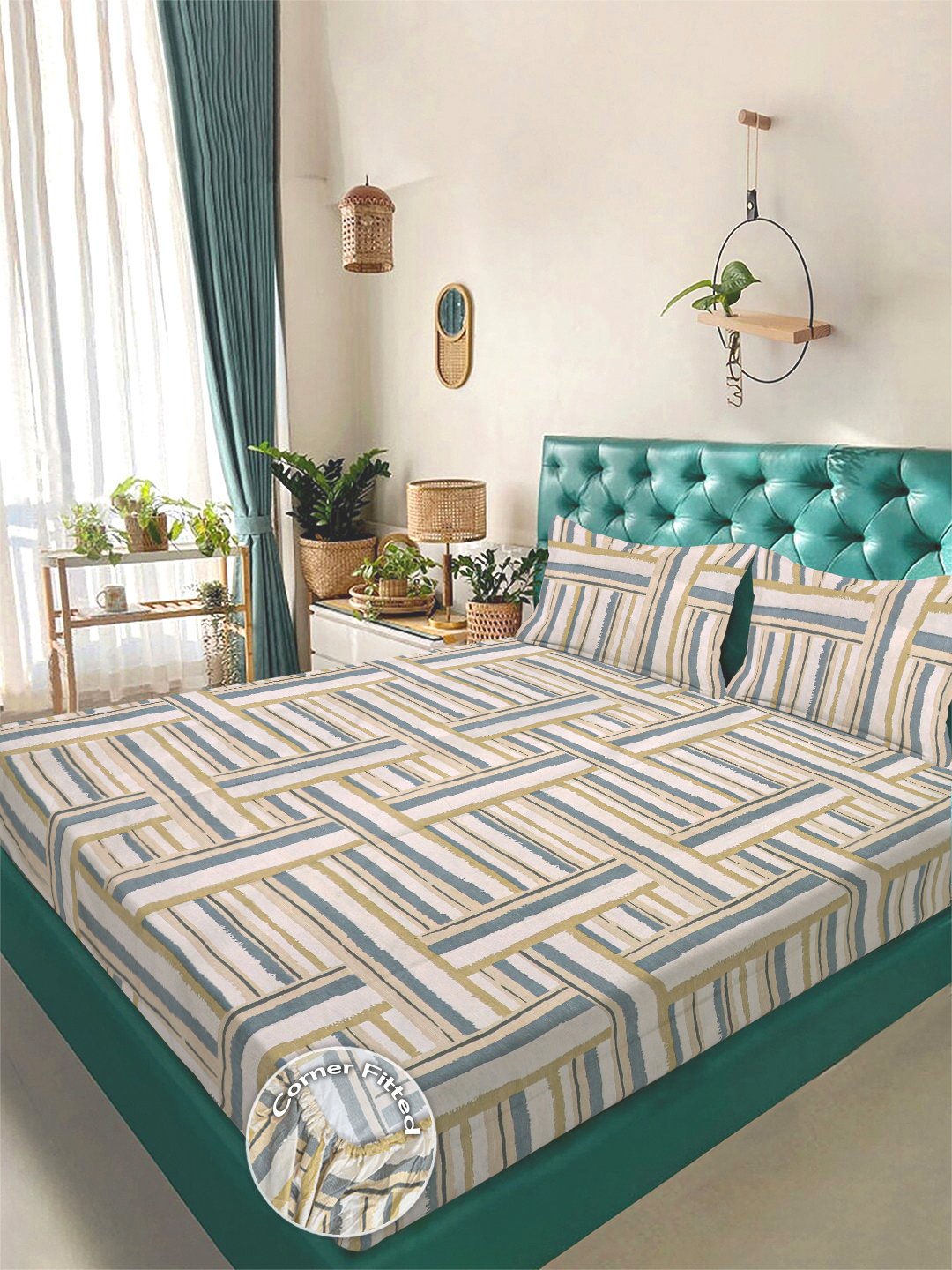 Multi Geometric 300 TC Cotton Blend Fitted Double Bedsheet with 2 Pillow Covers