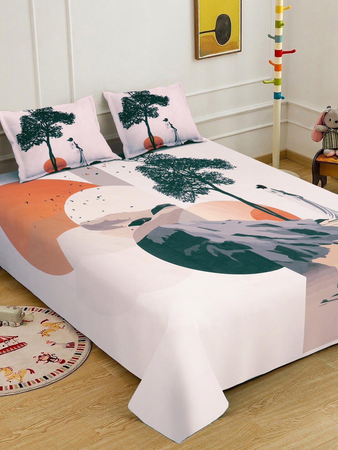 Cream Digital Abstract Printed Cotton Blend Double Bedsheet with 2 Pillow Covers