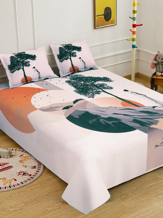 Cream Digital Abstract Printed Cotton Blend Double Bedsheet with 2 Pillow Covers