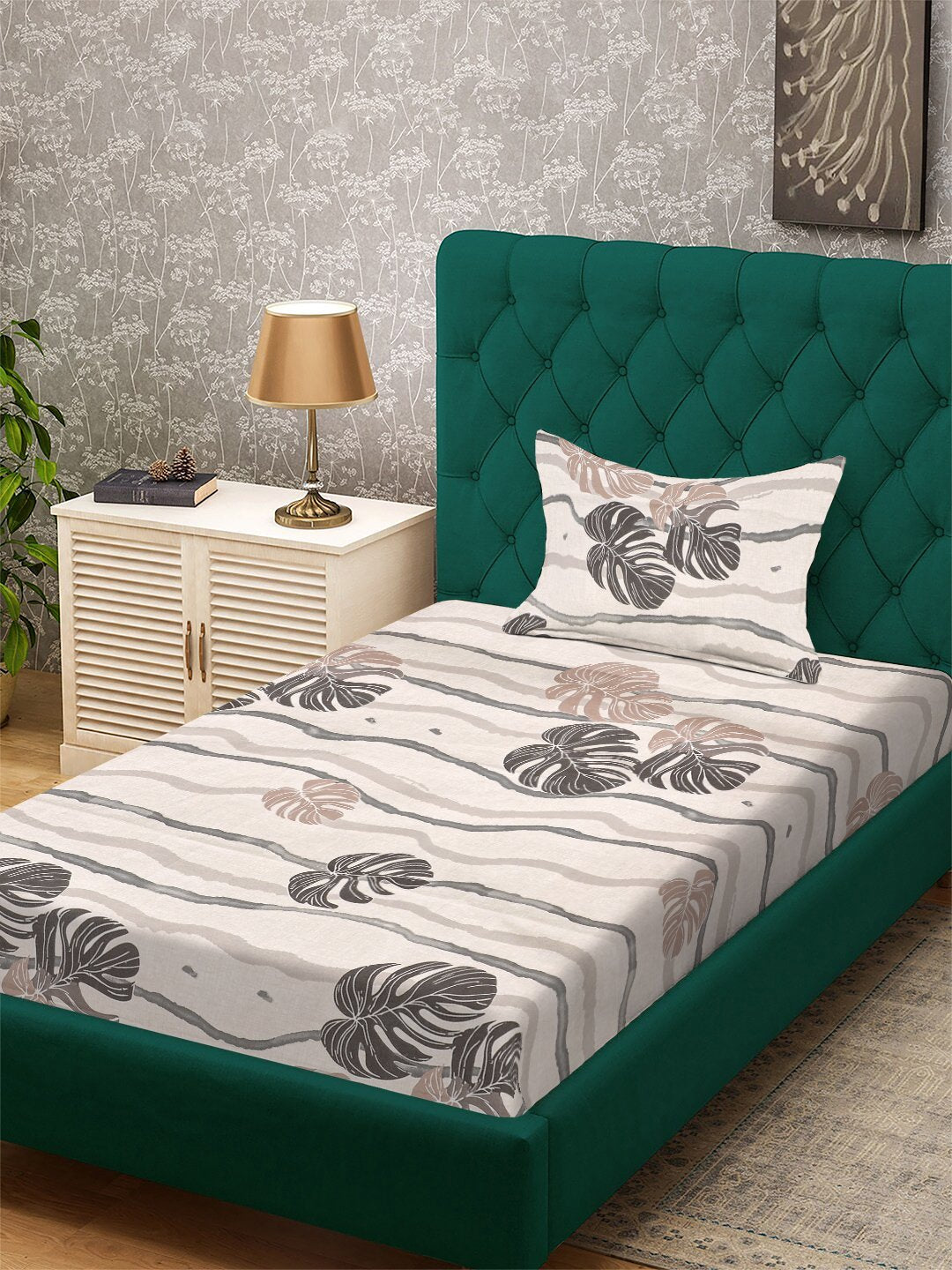 Beige Floral 300 TC Cotton Blend Single Bedsheet with Pillow Cover