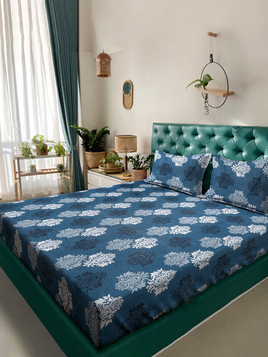 Blue Floral 400 TC Pure Cotton Double Bedsheet with 2 Pillow Covers