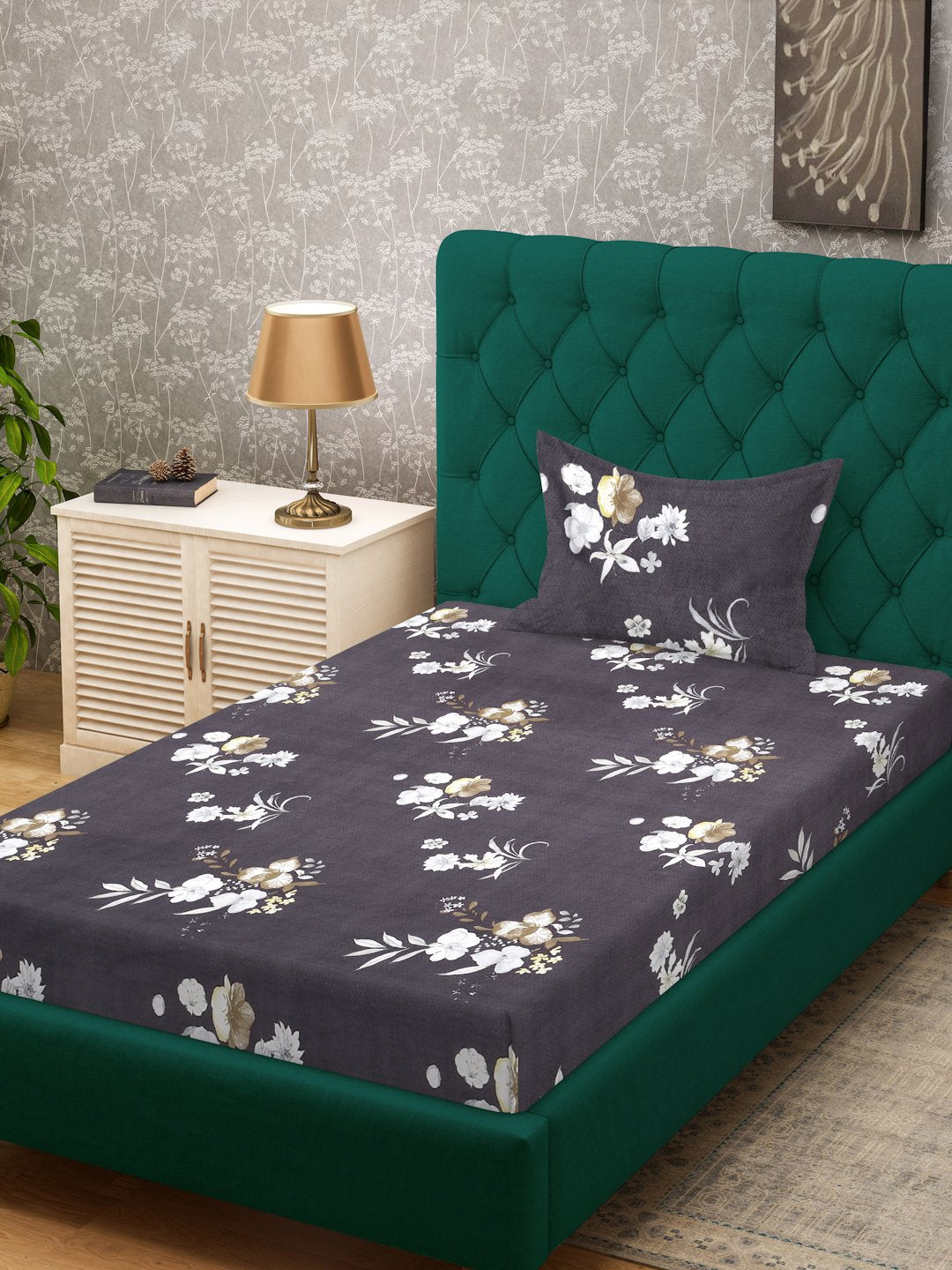 Brown Floral 300 TC Cotton Blend Single Bedsheet in Book Fold Packing