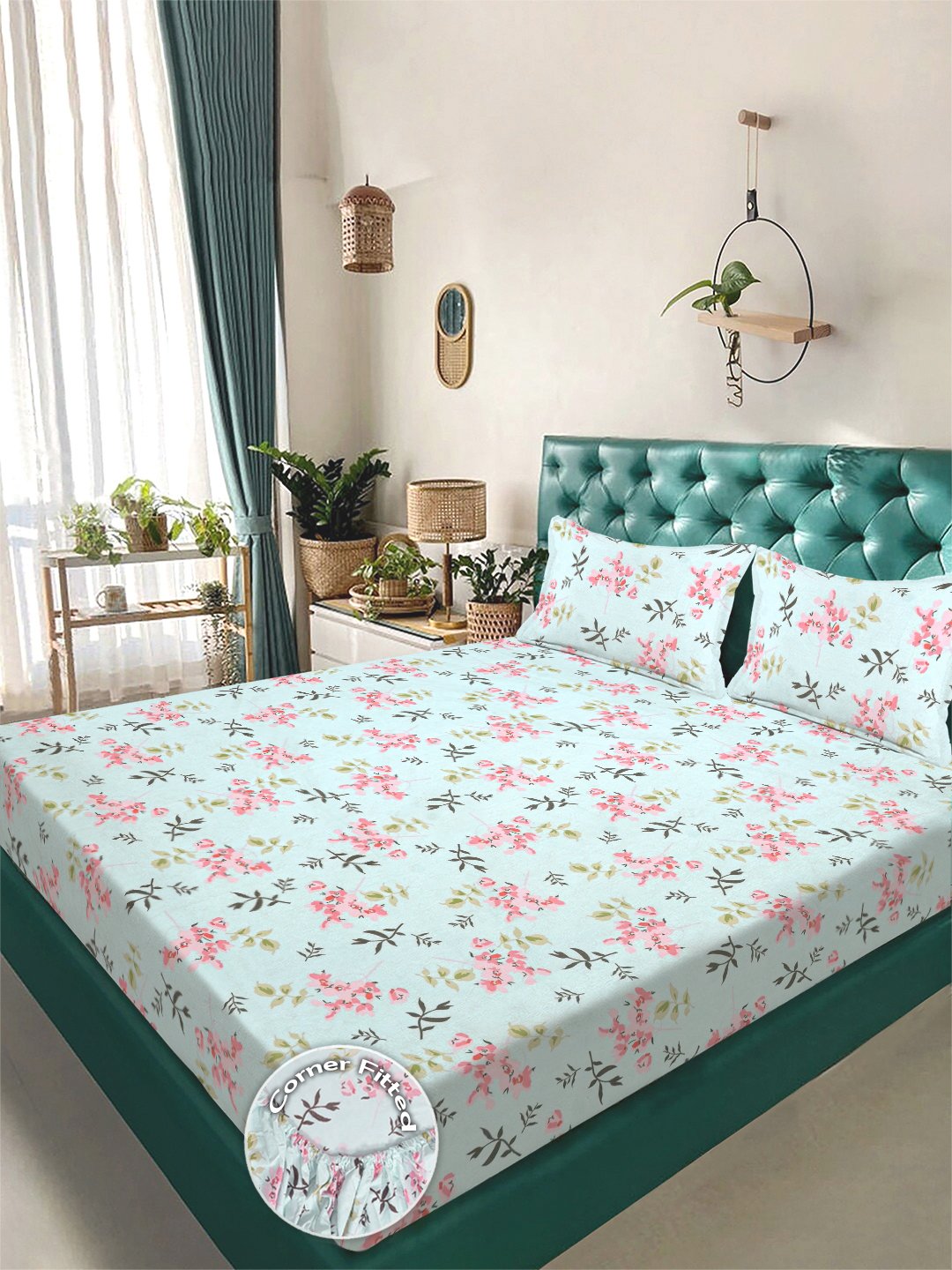 Green Floral 300 TC Cotton Blend Fitted Double Bedsheet with 2 Pillow Covers