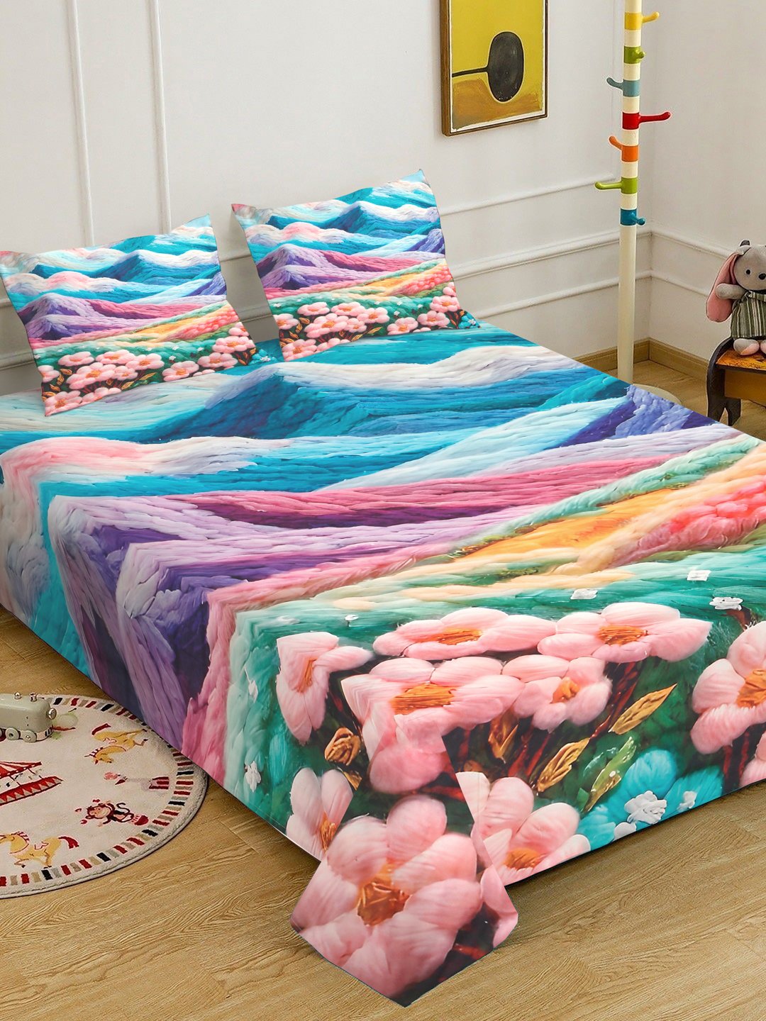 Multi Cartoon Characters 7D King Size Cotton Blend Double Bedsheet with 2 Pillow Covers