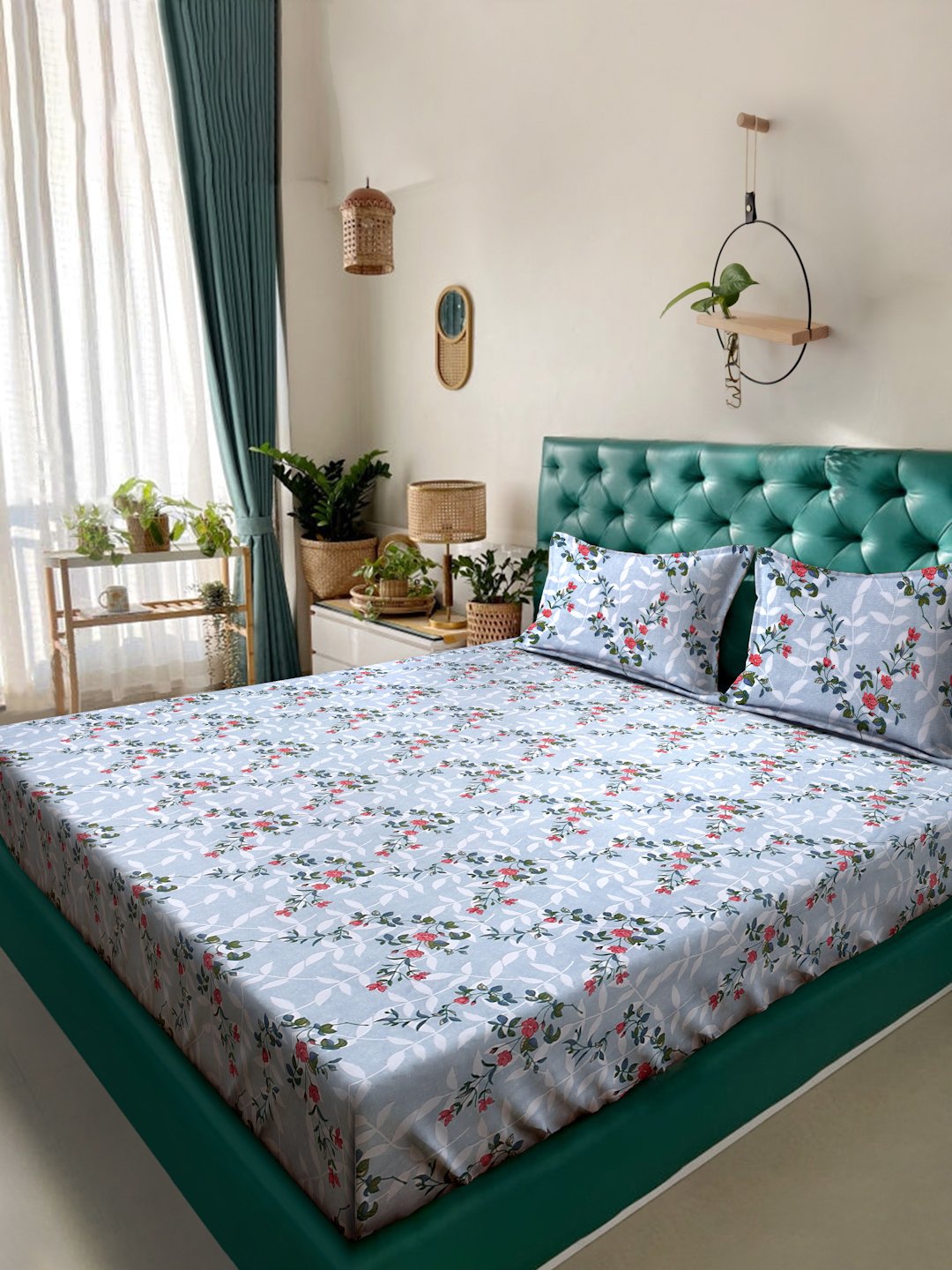 Multi Floral 300 TC Cotton Blend Super King Double Bedsheet with 2 Pillow covers