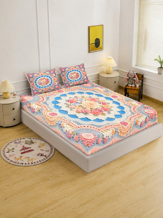 Digital Printed Multi Floral Cotton Blend Double Bedsheet with 2 Pillow Covers