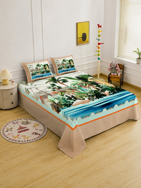 Digital Multi Floral Cotton Blend Fitted Double Bedsheet with 2 Pillow Covers
