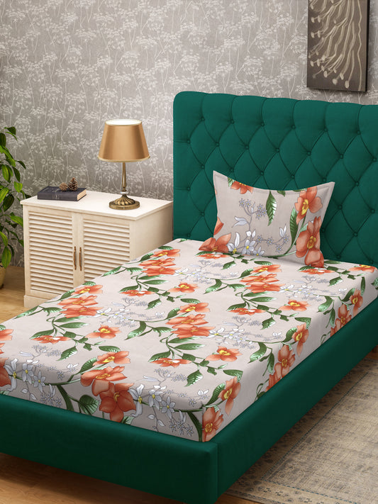 Klotthe Beige Floral 300 TC Cotton Blend Single Bedsheet with Pillow Cover
