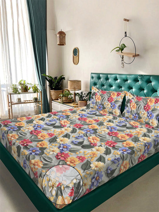Green Floral 7D King Size Cotton Blend Fitted Double Bedsheet with 2 Pillow Covers