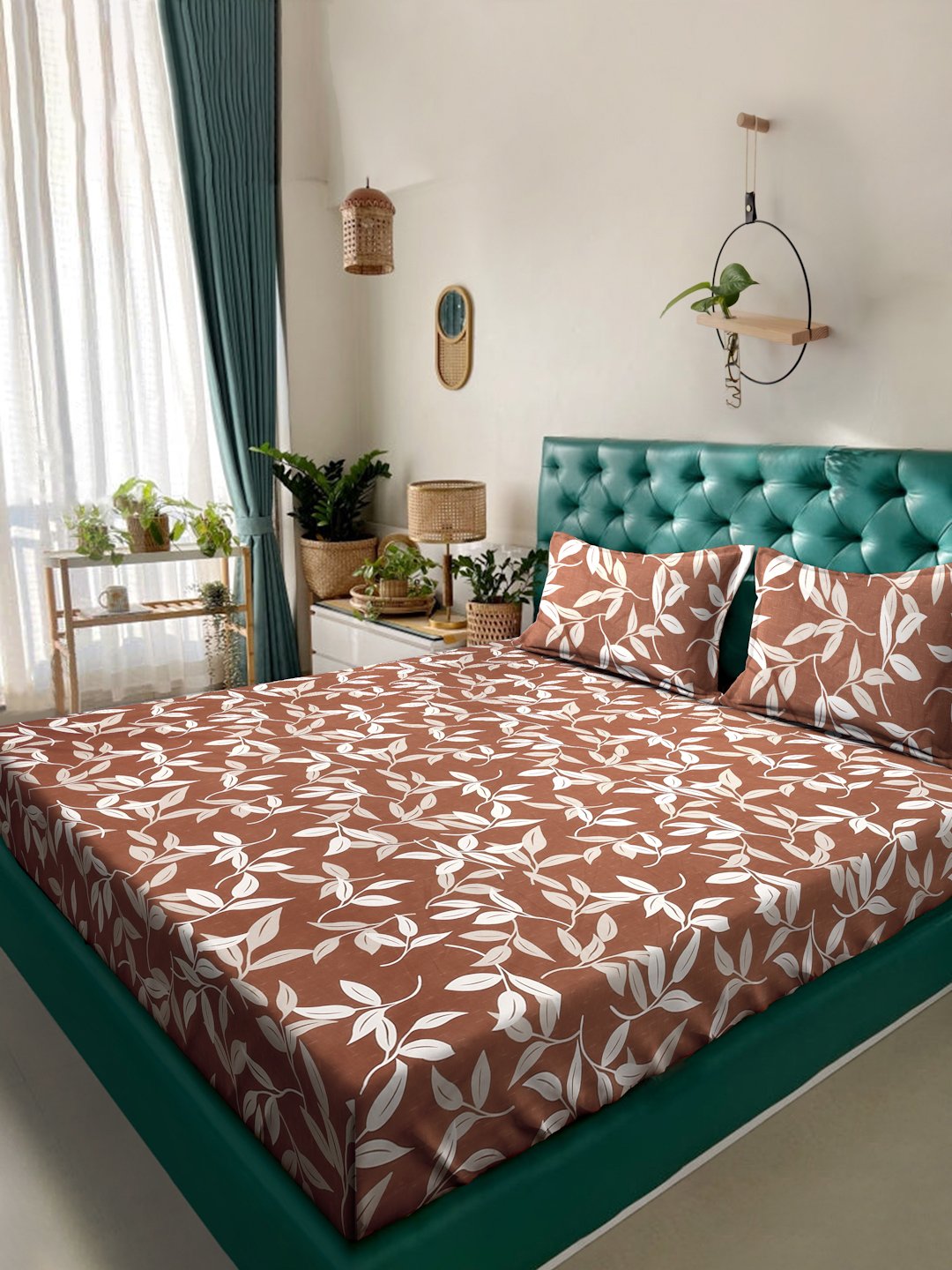 Brown Floral 300 TC Cotton Blend Double Bedsheet in Book Fold Packing