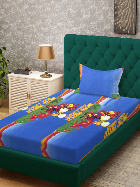 Blue Cartoon Characters 400 TC Pure Cotton Single Bedsheet in Book Fold Packing