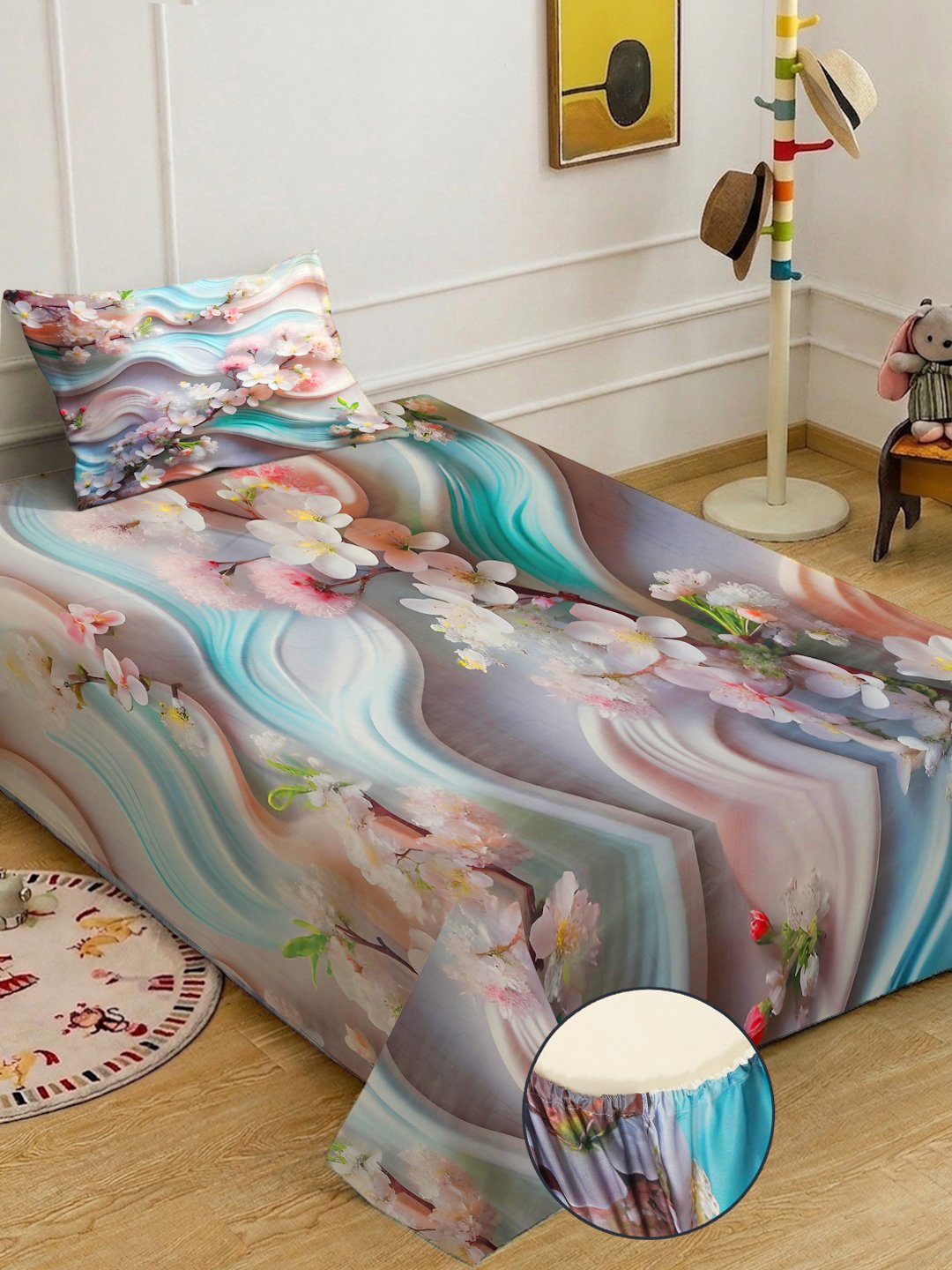 Multi Digital Floral Printed Cotton Blend Fitted Single Bedsheet with Pillow Cover