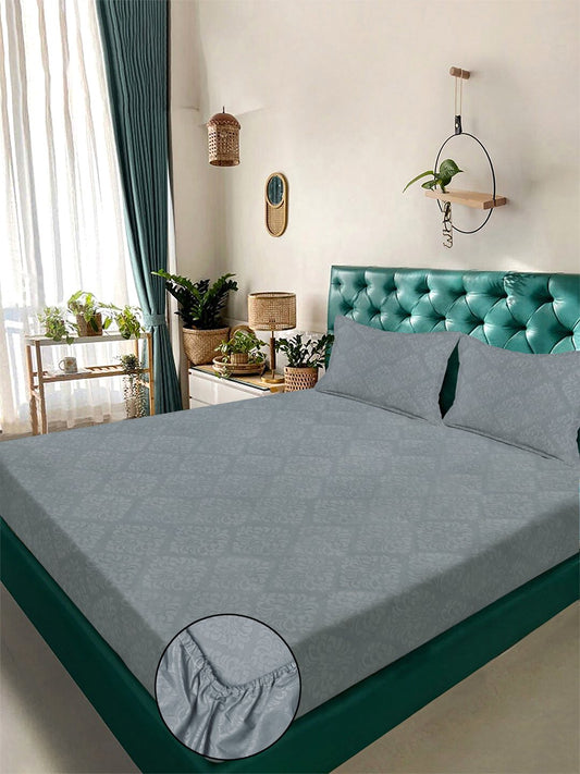Grey Floral Embossed Cotton Blend Fitted Double Bedsheet with 2 Pillow Covers