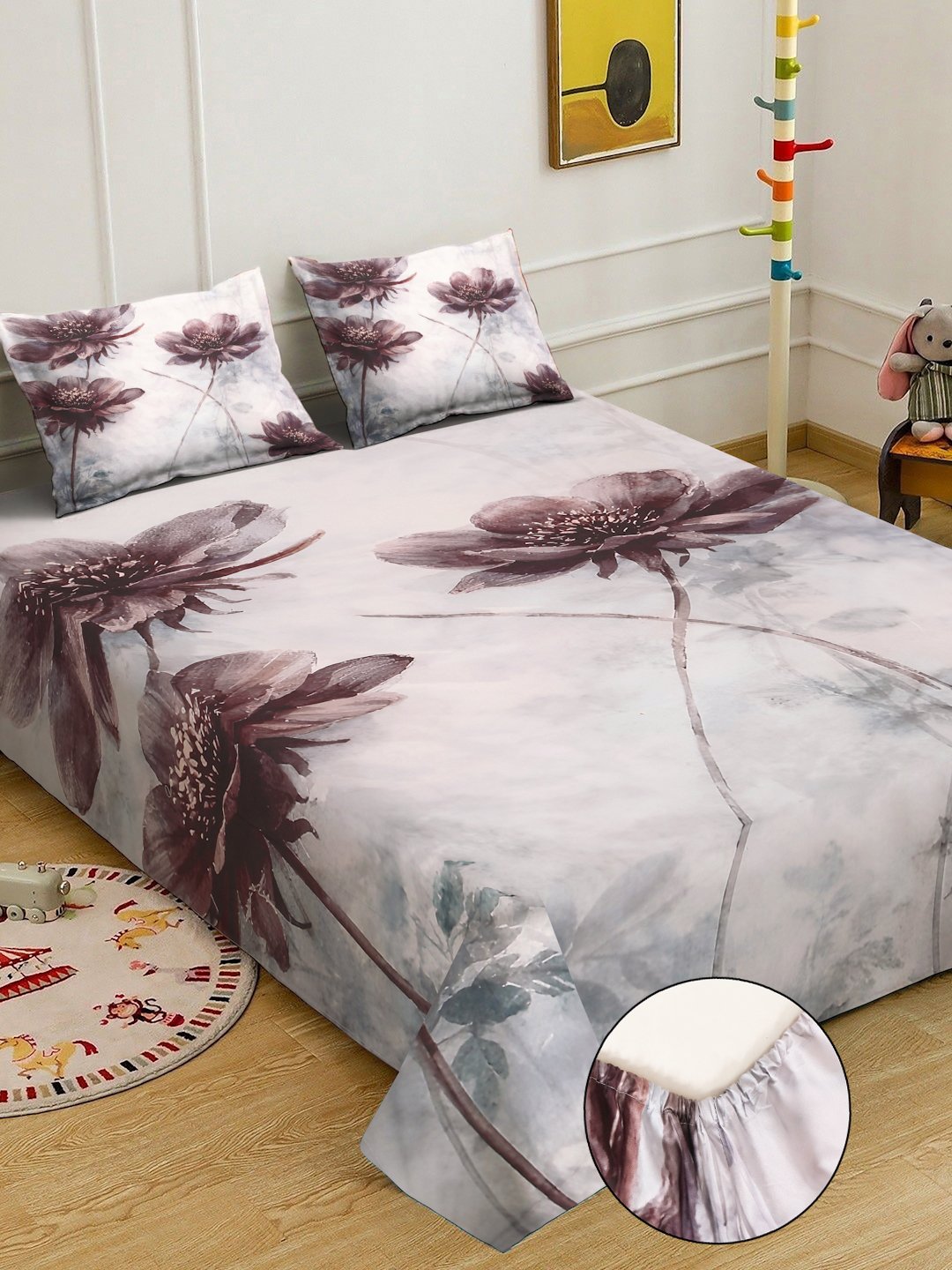 Multi Digital Floral Printed Cotton Blend Fitted Double Bedsheet with 2 Pillow Covers