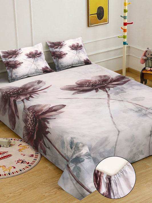 Multi Digital Floral Printed Cotton Blend Fitted Double Bedsheet with 2 Pillow Covers