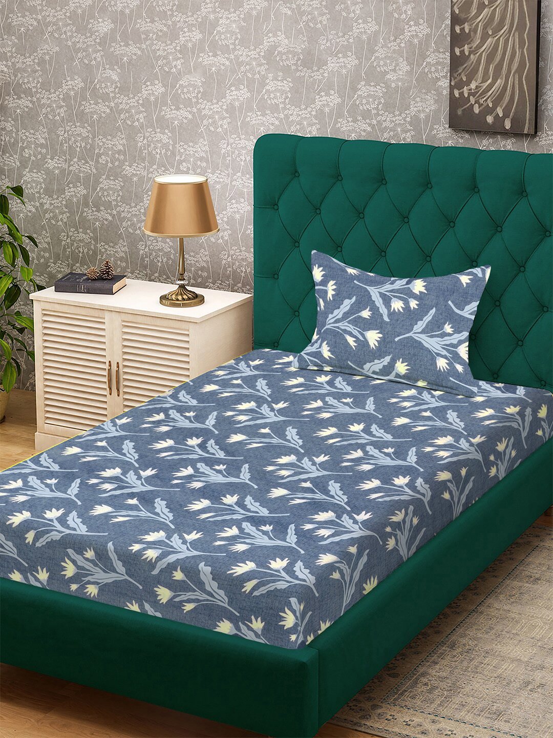 Blue Floral 300 TC Cotton Blend Fitted Single Bedsheet with Pillow Cover