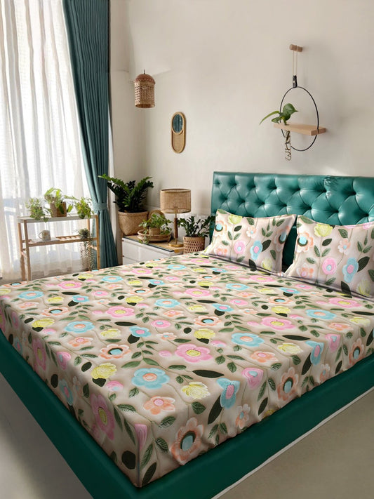 Beige Floral 7D King Size Cotton Blend Double Bedsheet with 2 Pillow Covers