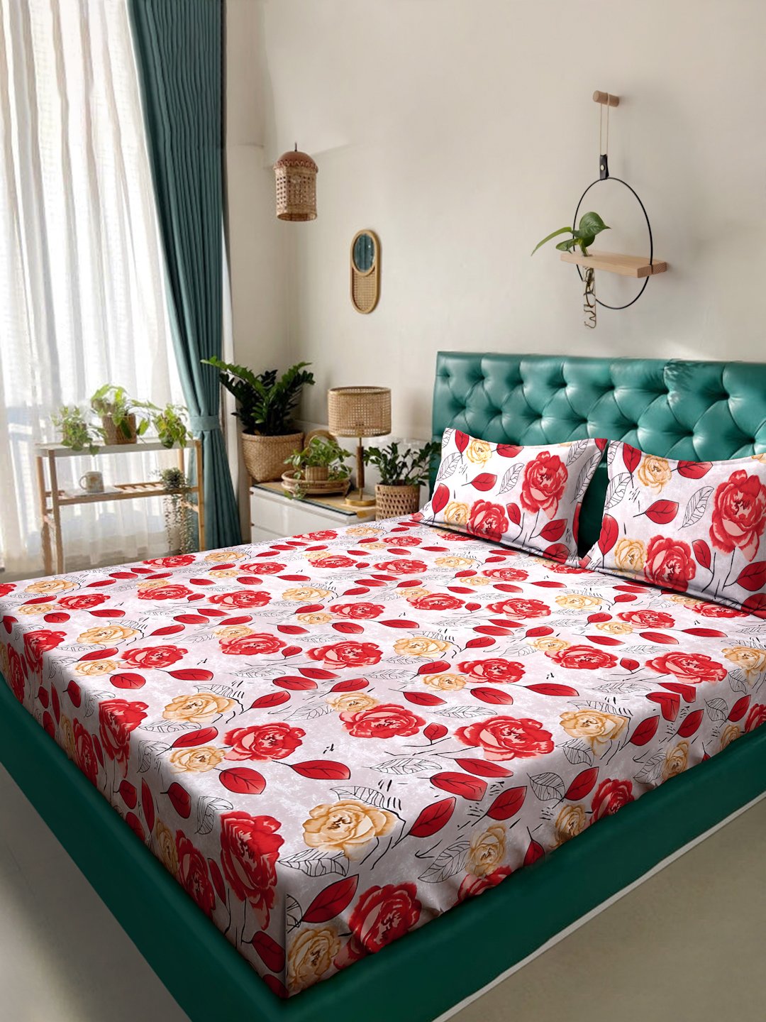 Red Floral 300 TC Cotton Blend Super King Double Bedsheet with 2 Pillow covers