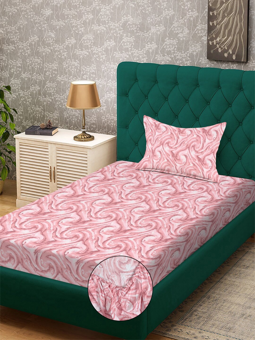 Red Abstract 300 TC Cotton Blend Fitted Single Bedsheet with Pillow Cover