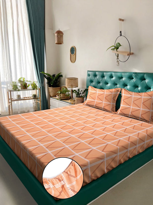 Orange Geometric  300 TC Cotton Blend Fitted Double Bedsheet with 2 Pillow Covers
