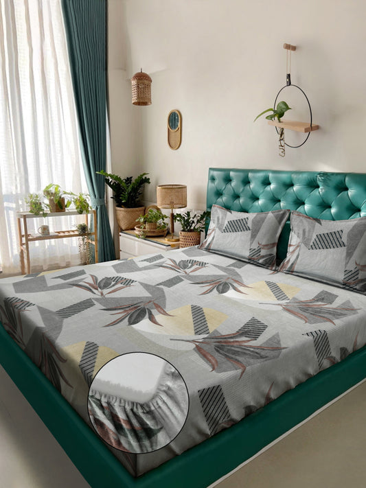 Klotthe Grey Floral Woolen Fitted Double Bed Sheet with 2 Pillow Covers