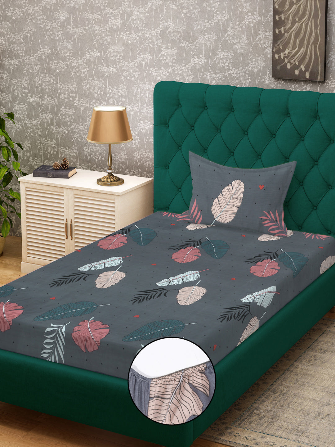 Grey Floral 300 TC Cotton Blend Fitted Single Bedsheet in Book Fold Packing