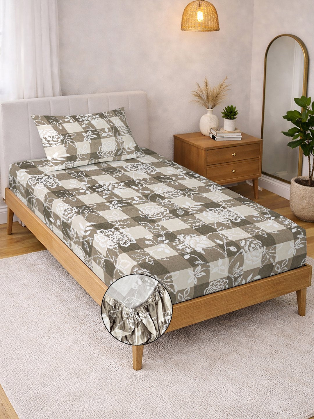 Begie Floral Cotton Blend Fitted Single Bedsheet with Pillow Cover