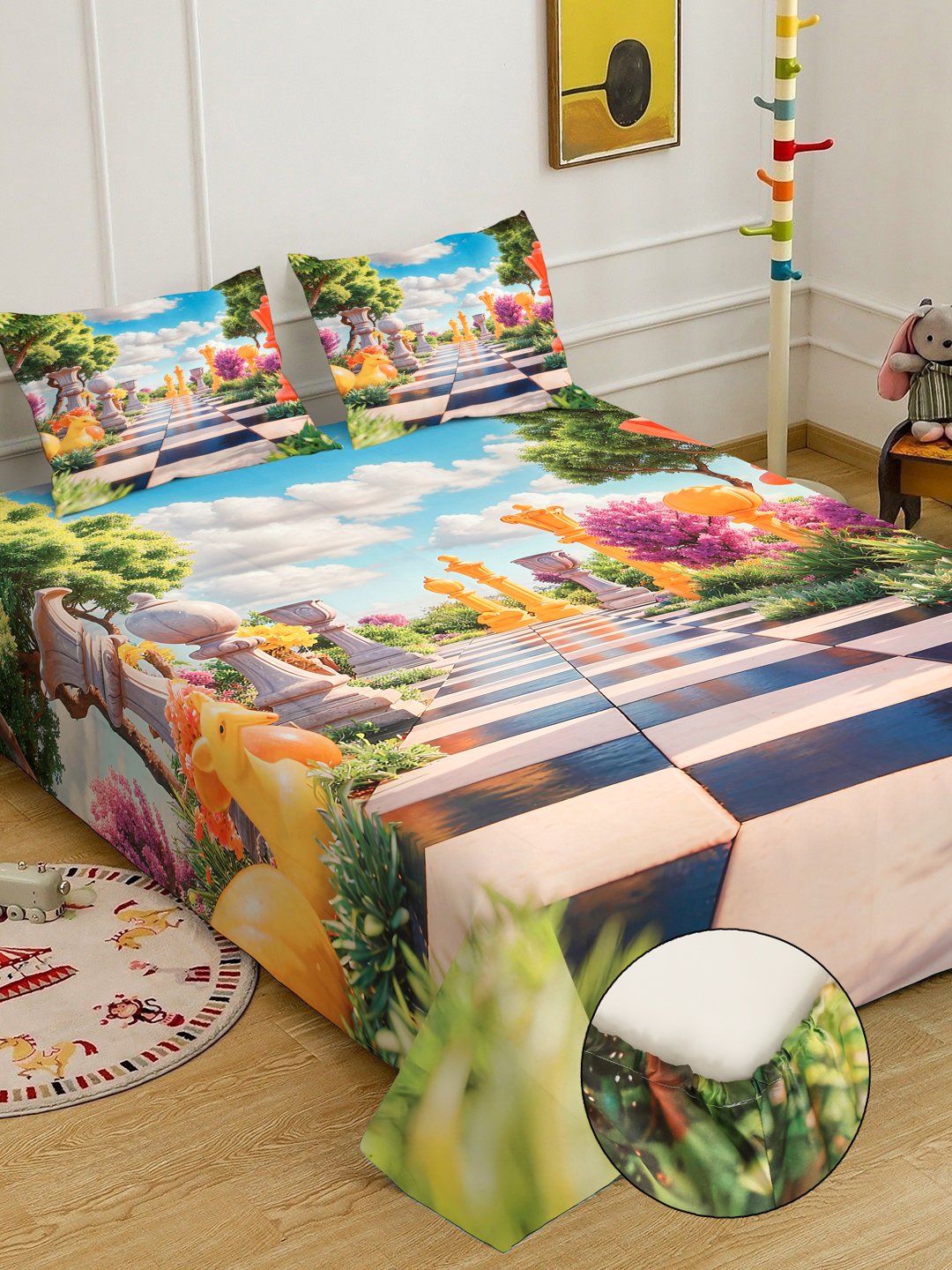 Multi Cartoon Characters 7D King Size Cotton Blend Fitted Double Bedsheet with 2 Pillow Covers