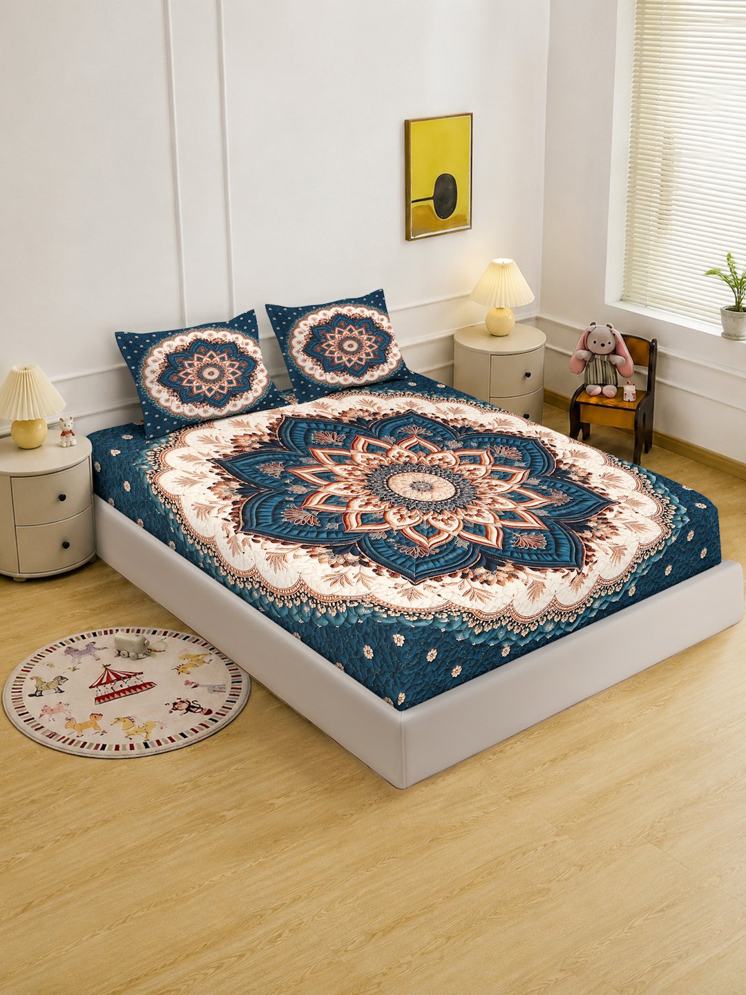 Digital Printed Blue Floral Cotton Blend Double Bedsheet with 2 Pillow Covers