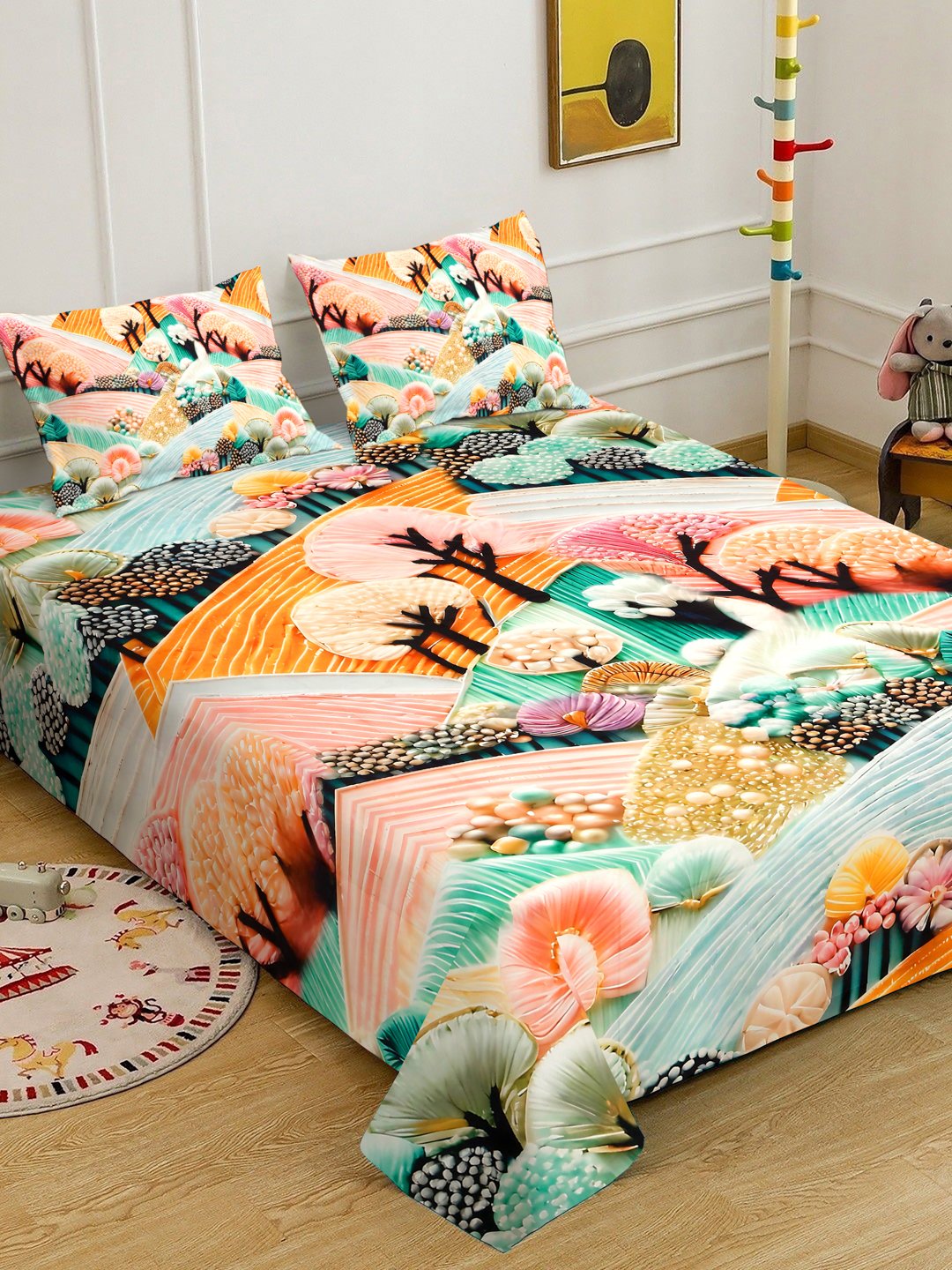 Multi 7D Floral Printed Cotton Blend Double Bedsheet with 2 Pillow Covers