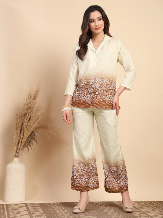 Brown Cotton Printed Shirt With Trousers Co-Ords Set
