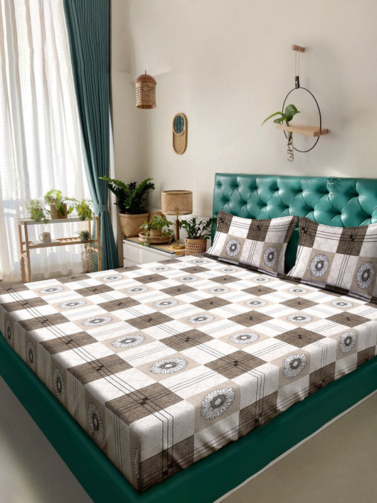 Brown Geometric 300 TC Cotton Blend Fitted Double Bedsheet with 2 Pillow Covers