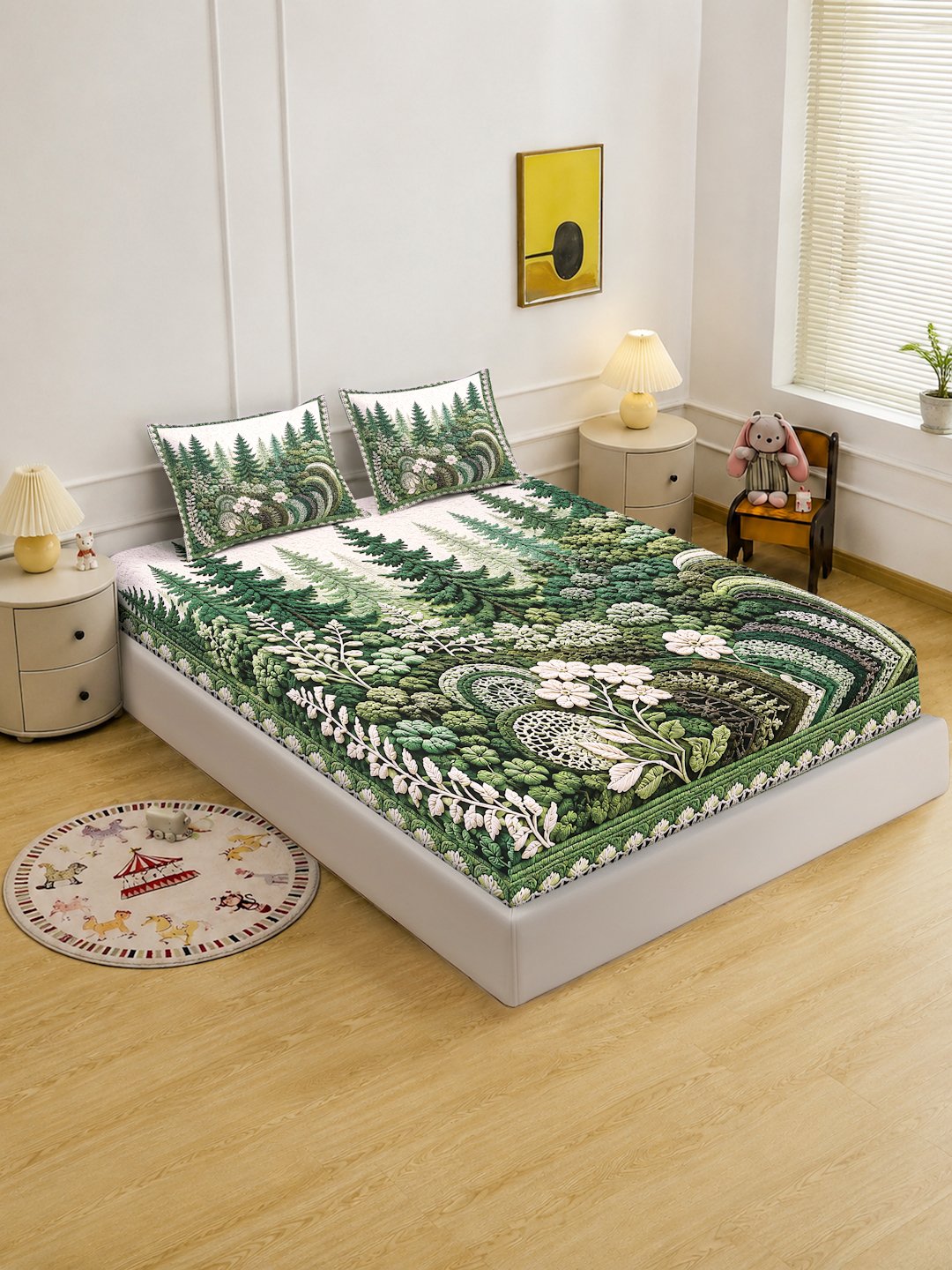 Digital Printed Green Floral Cotton Blend Double Bedsheet with 2 Pillow Covers