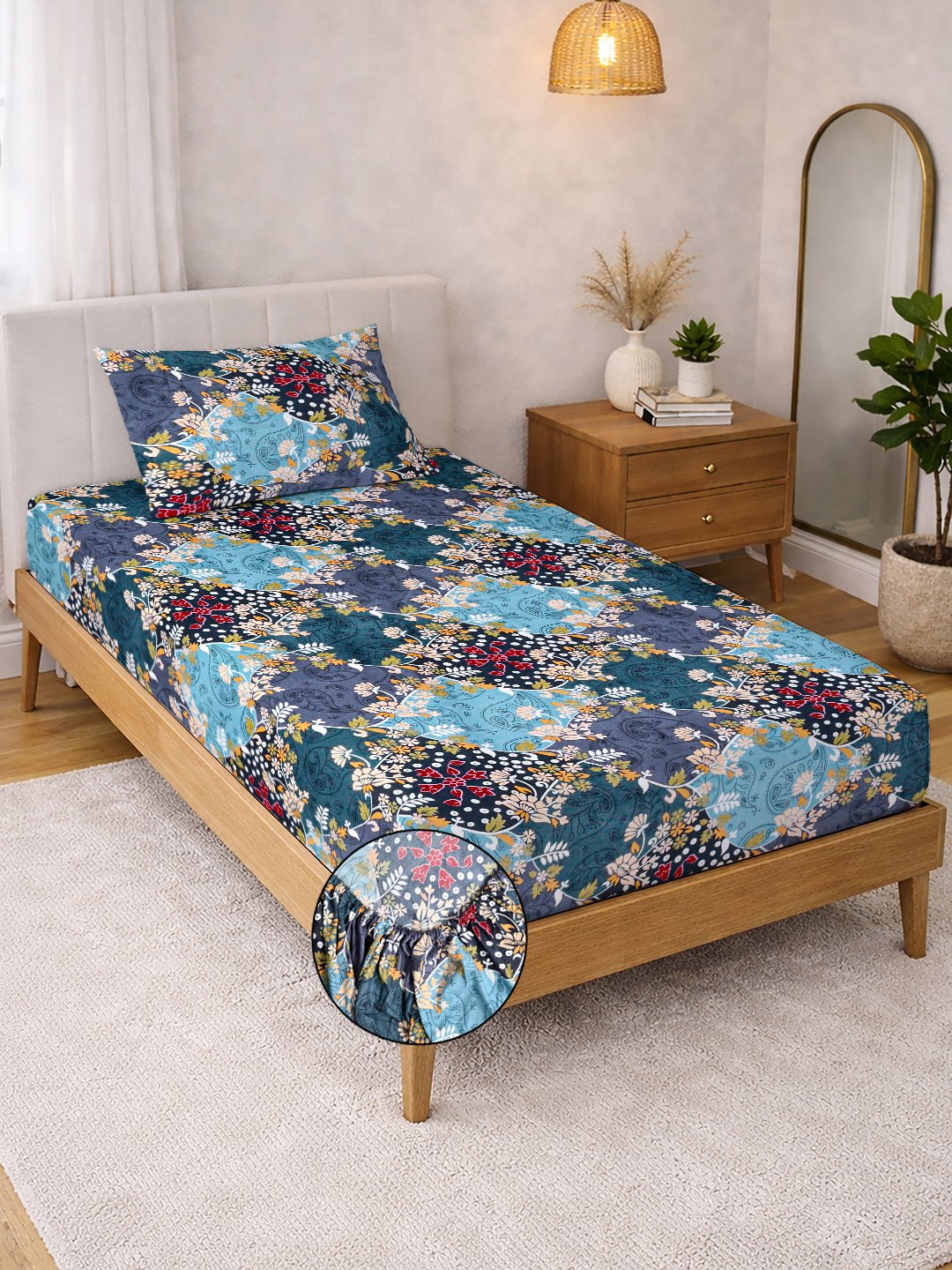 Blue Floral Cotton Blend Fitted Single Bedsheet with Pillow Cover