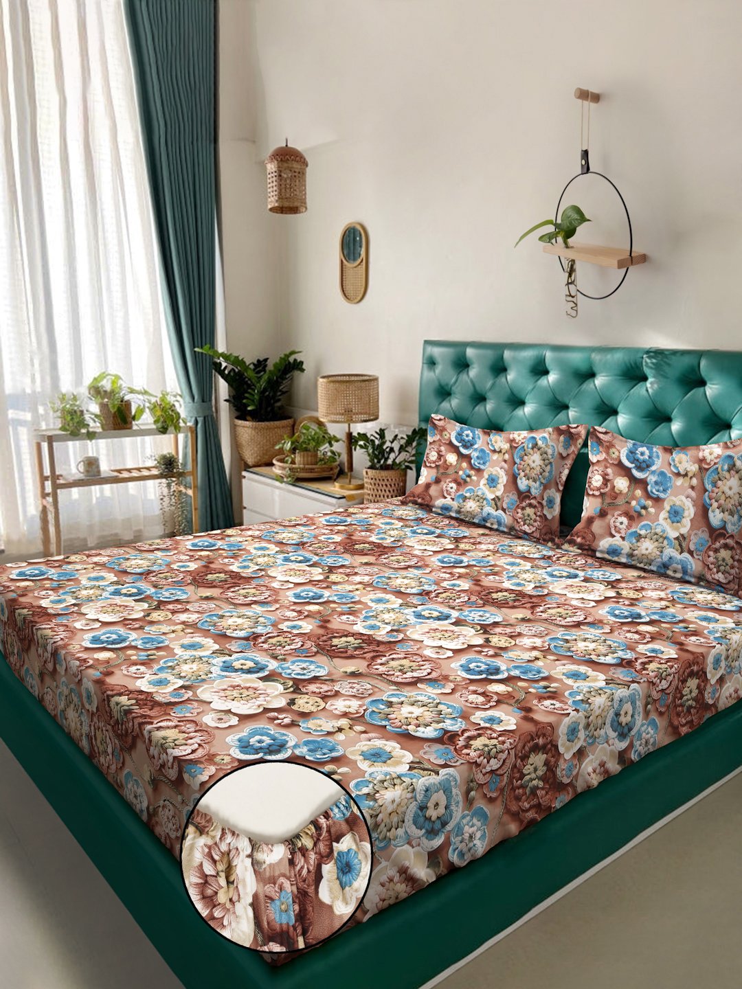 Brown Floral 7D King Size Cotton Blend Fitted Double Bedsheet with 2 Pillow Covers