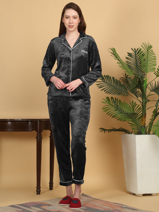 Klotthe Women Black Solid Woolen Night Suit