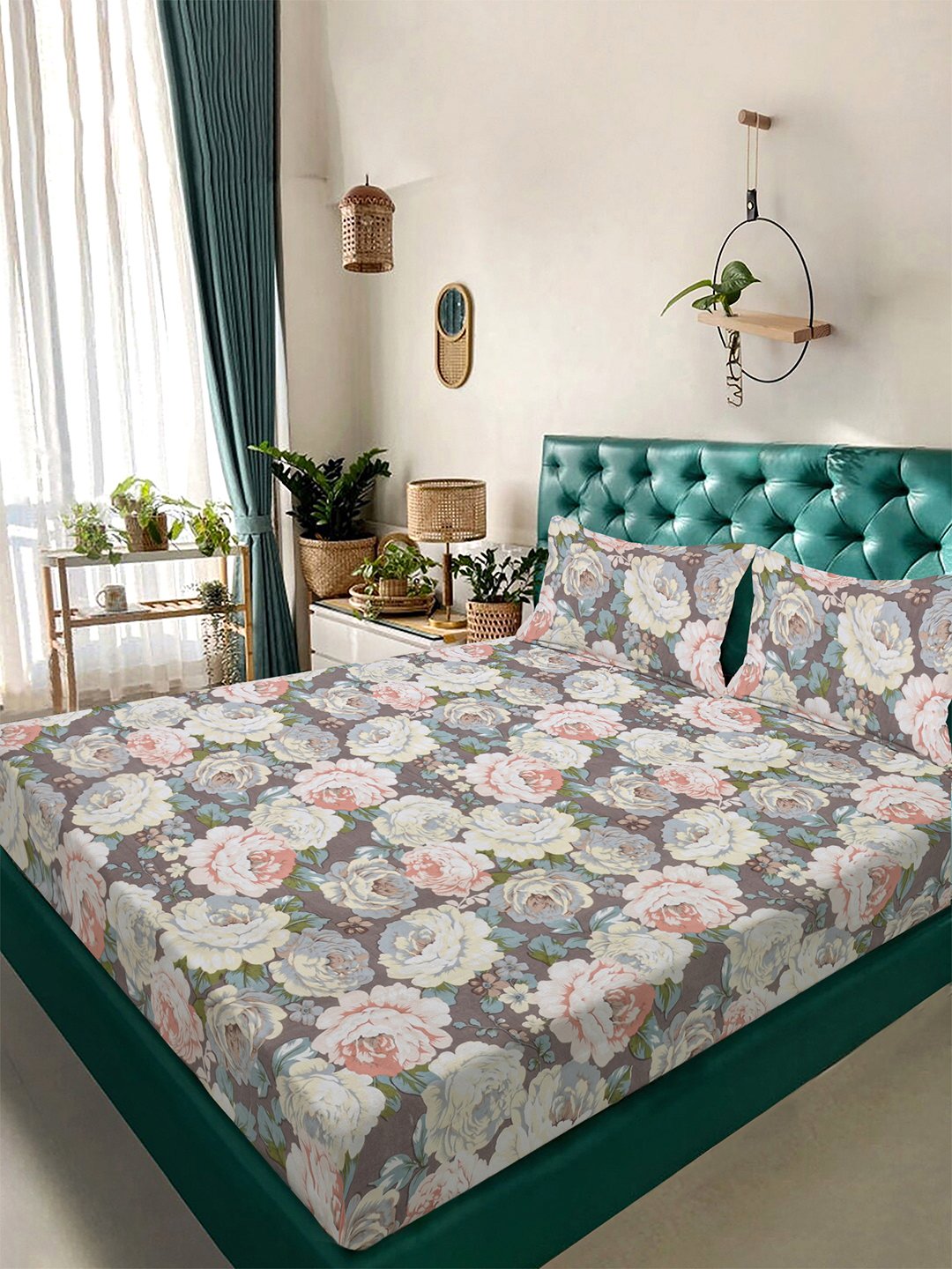 Multi Floral 300 TC Cotton Blend Double Bedsheet with 2 Pillow Covers