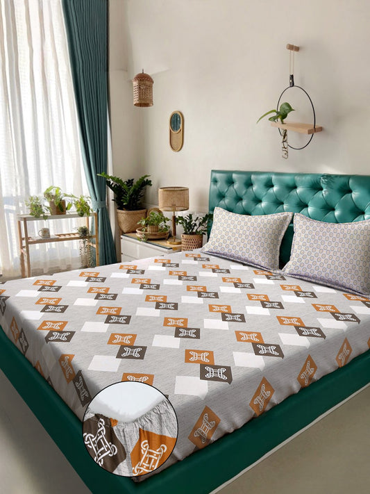 Grey Geometric 400 TC Pure Cotton Fitted Double Bedsheet with 2 Pillow Covers