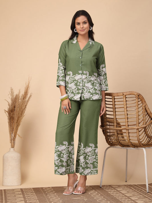 Green Cotton Printed Shirt With Trousers Co-Ords Set
