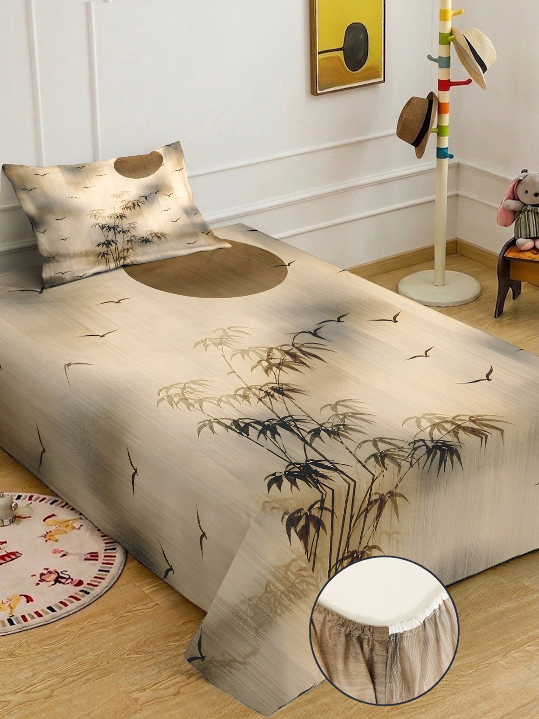 Beige Digital Floral Printed Cotton Blend Fitted Single Bedsheet with Pillow Cover