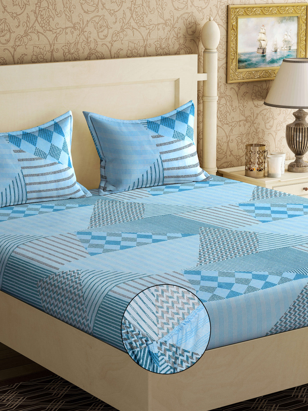Klotthe SkyBlue Geometric 300 TC Cotton Blend Fitted Super King Double Bedsheet with 2 Pillow covers