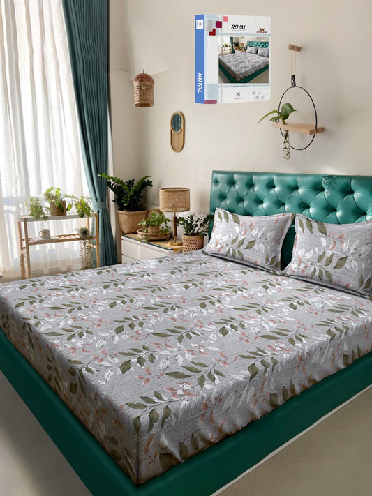 Grey Floral 400 TC Pure Cotton Double Bedsheet in Book Fold Packing