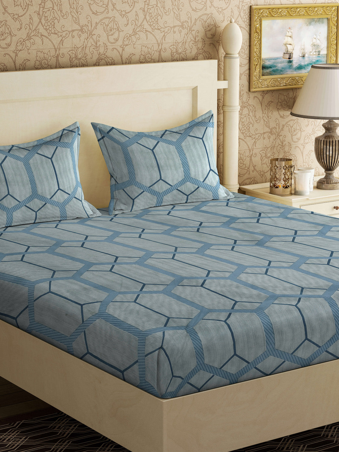 Klotthe Grey Geometric 300 TC Cotton Blend Super King Double Bedsheet with 2 Pillow covers