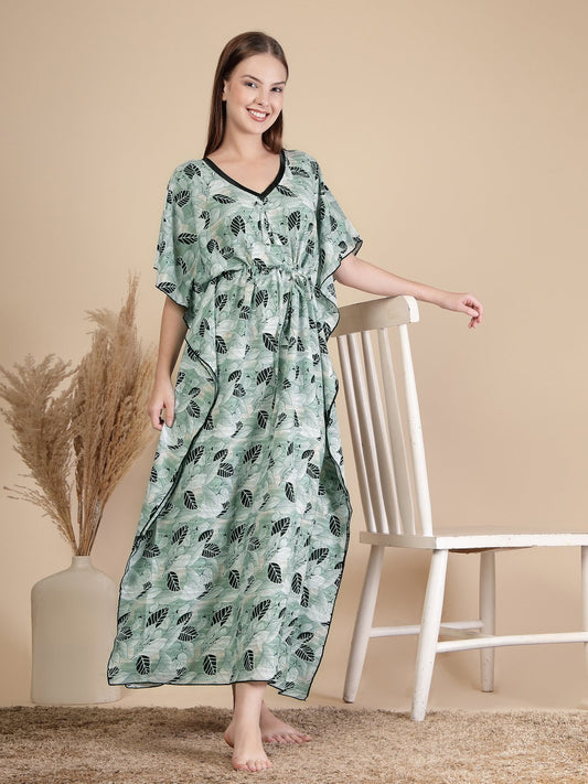 Green Floral Cotton Blend Kaftan Maxi Nightdress