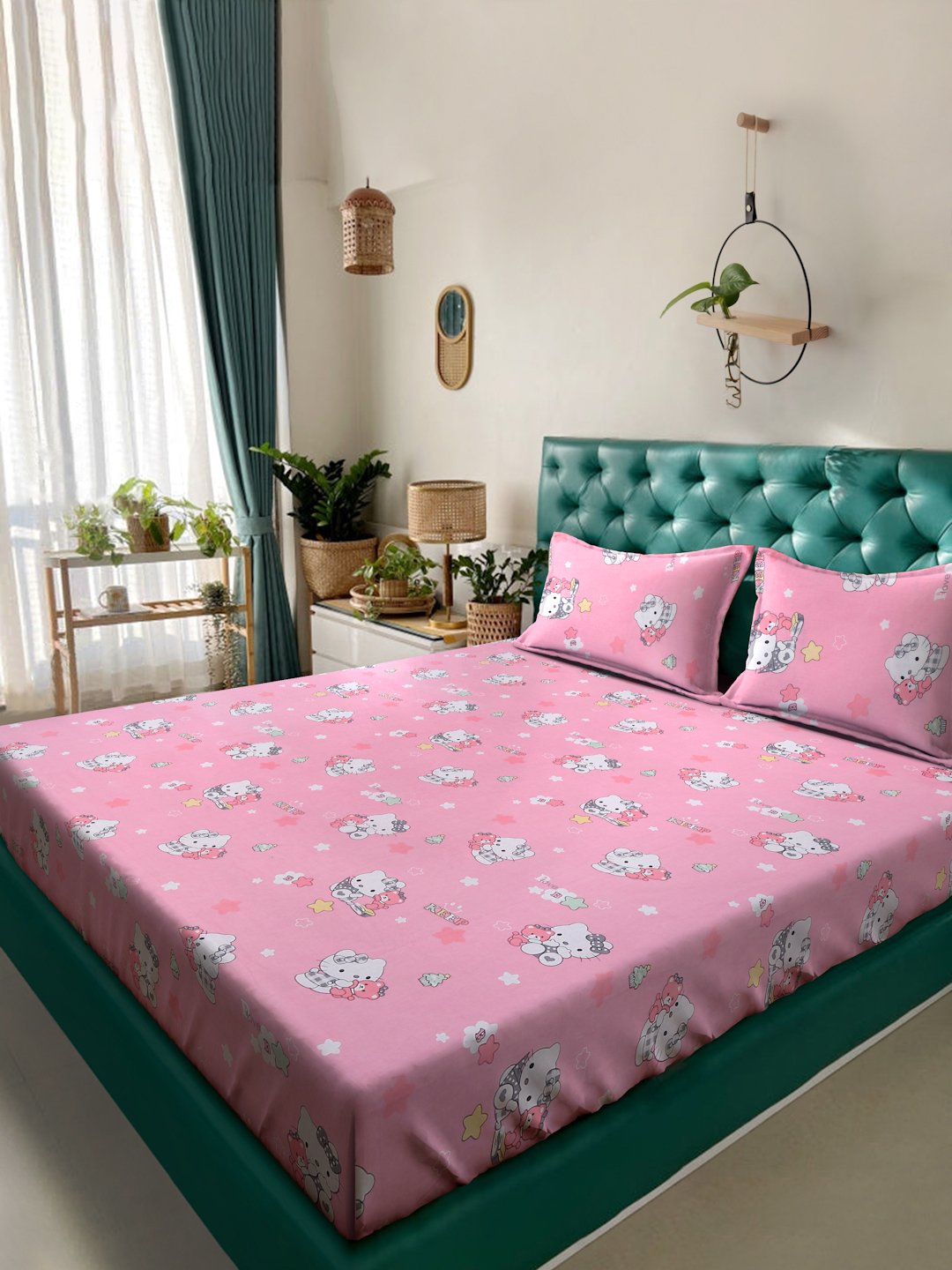 Pink Cartoon Characters 400 TC Pure Cotton Double Bedsheet with 2 Pillow Covers