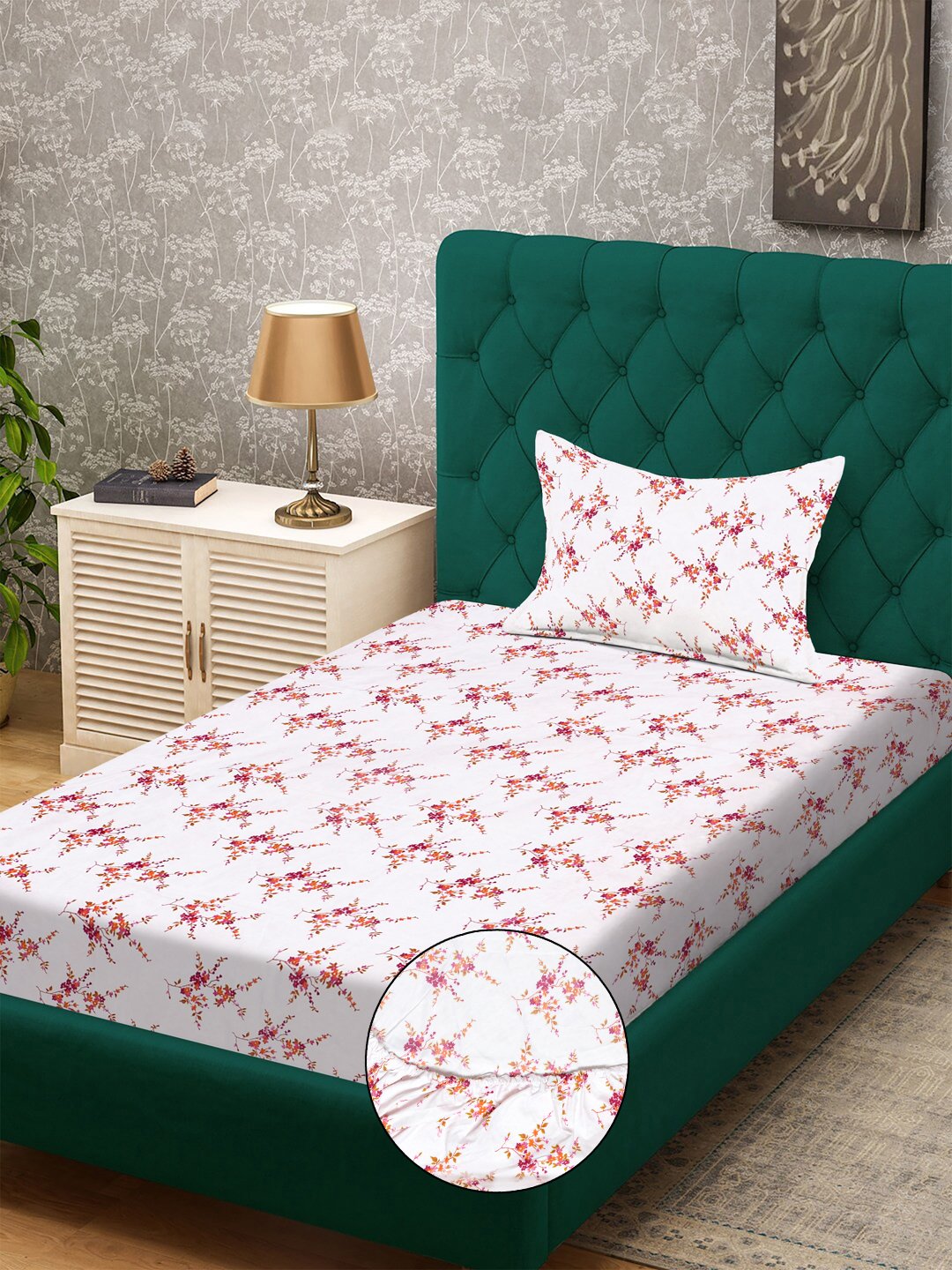 White Floral 300 TC Cotton Blend Fitted Single Bedsheet with Pillow Cover
